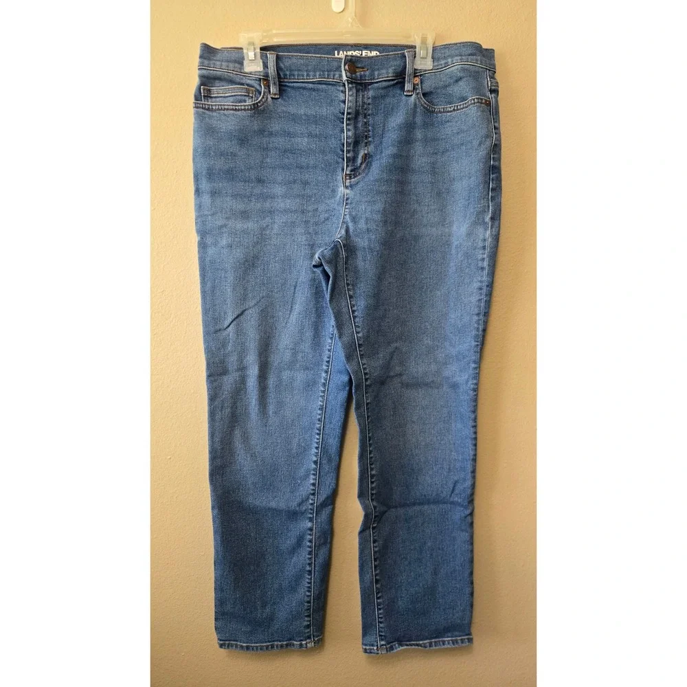 Lands' End Medium Wash Straight Leg Stretch Denim Jeans Petite 16 Blue